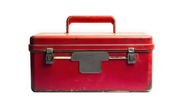 Vintage red metal tool box container isolated with displays distressed on transparent background