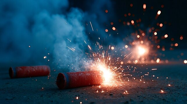 Firecracker sparks igniting celebration with smoke at night