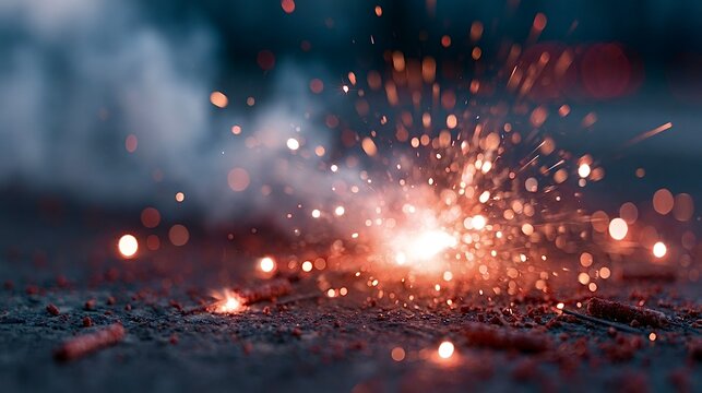Fireworks exploding with vibrant sparks and smoke at night