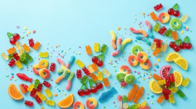 Colorful Assorted Gummy Candies and Sweet Treats on Blue Background Flat Lay with Copy Space