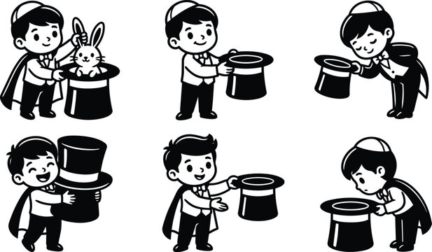 Cartoon magicians with rabbits in hats performing magic tricks in black and white vector illustration