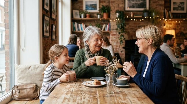 Coffee Meeting Between Grandmother Mother and Daughter in Cozy Cafe