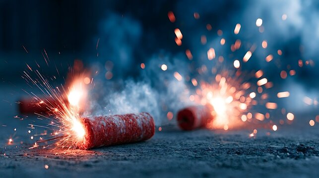 Firecracker igniting on ground creating sparks and smoke