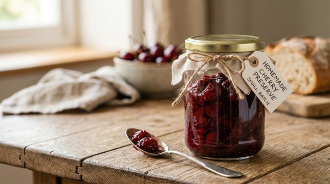 Homemade Cherry Preserve in Glass Jar on Rustic Wooden Table
