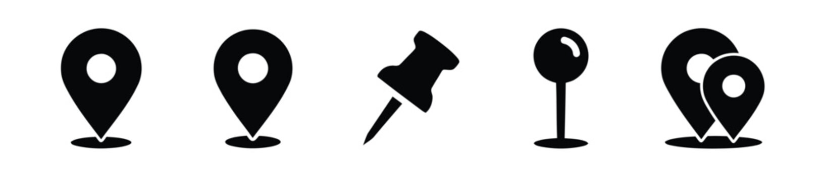 Black location pin icon set with map marker, pushpin and flag pointer symbols, flat vector navigation and address markers for GPS, travel, tourism and destination map applications on white background
