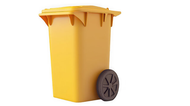 Yellow wheeled waste bin for recycling collection on transparent background