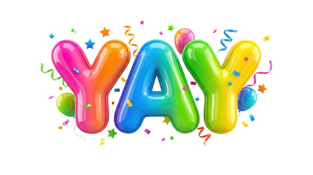 3d render of colorful balloon letters spelling yay isolated on transparent background