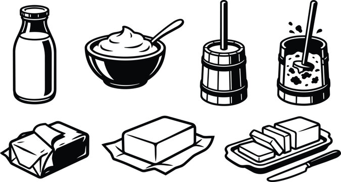 Line art vector icons of dairy products: bottle, cream, barrel, drink, butter, cheese slices, butter on parchment