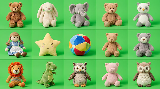 Assorted plush toys and stuffed animals arranged in a grid pattern