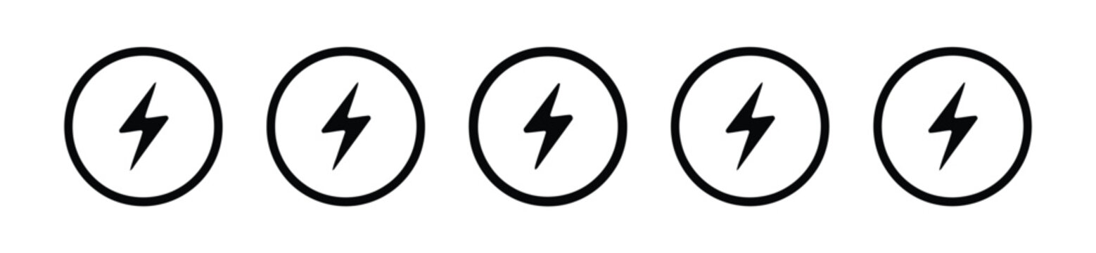Black lightning bolt icon set in circle outline, flat vector flash and power symbols, energy and electricity icons repeated in a horizontal row for charging, speed and voltage app on white background