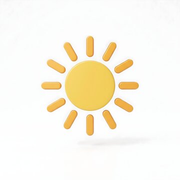 Minimalist 3D sun icon on white background, yellow sunshine symbol for weather forecast, bright summer sun with rays for seasonal design