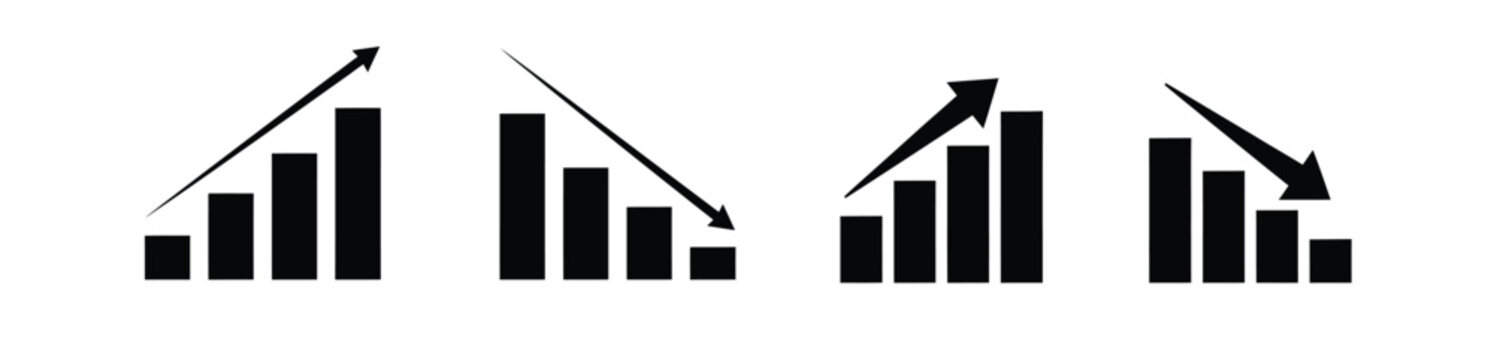 Black bar chart trend icon set with up and down arrows, flat vector stock market growth and decline symbols, line and solid style graph icons for finances and analytics dashboards on white background