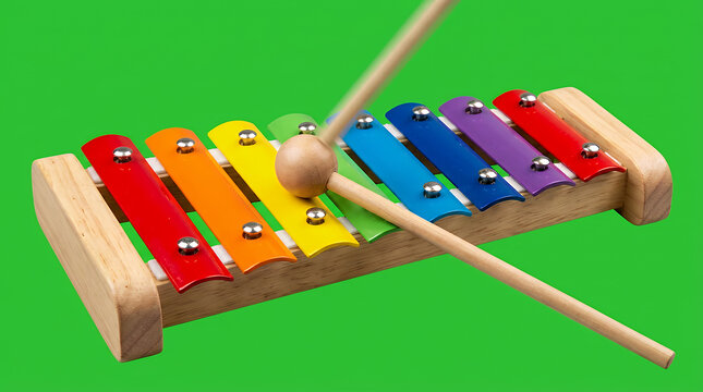 Wooden mallet hitting a colorful toy xylophone on a green background