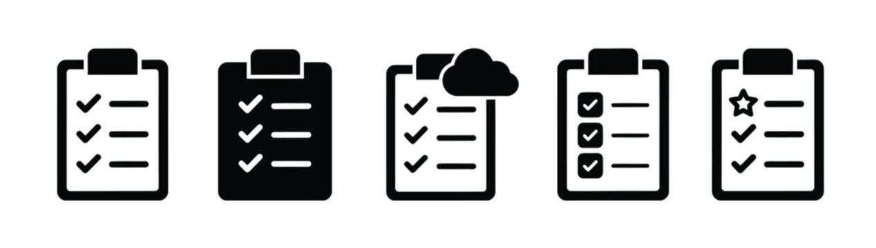 Black clipboard checklist icon set with cloud, magnifying glass and star symbols, flat vector task list and survey icons for business management, audit and report design isolated on white backgrounds
