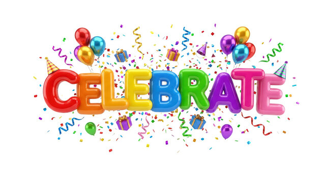 3d render of the word celebrate with colorful balloons, confetti, and party hats isolated on transparent background