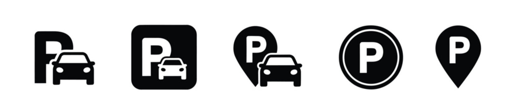 Set of black parking icons with letter P, location pin and car symbols in flat and outline styles, five parking sign variations, vector icon collection for maps, navigation and transportation designs