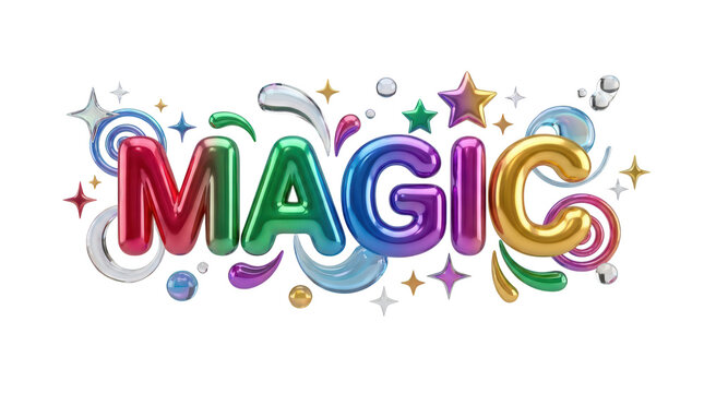 3d render of the word magic with colorful glossy balloon letters isolated on transparent background
