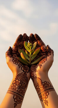 Cupped hands with intricate henna art hold a small green succulent, symbolizing care and new growth against a soft sky, representing nature.