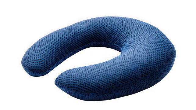 Blue mesh neck pillow for comfortable travel support with pillow textured on transparent background