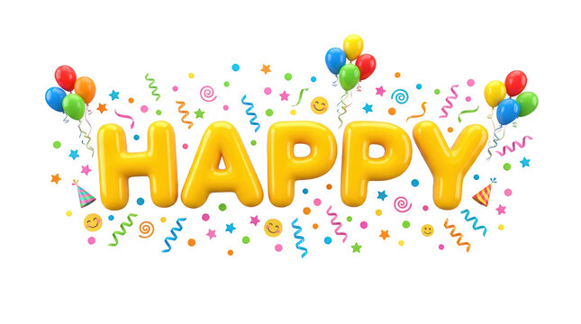3d render of the word happy made of yellow balloon letters isolated on transparent background
