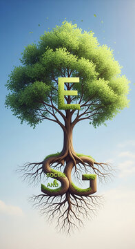 Stylized tree with letters "E" and "5G" forming trunk and roots. Symbolizes interconnectedness of environment and technology, growth, and sustainability