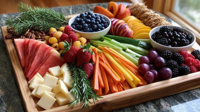 A large wooden platter is filled with various fruits, vegetables, and cheese arranged neatly for sharing during a gathering