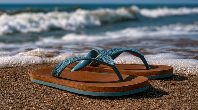 Blue flip-flops rest on warm, wet sand near gentle ocean waves