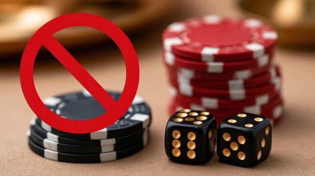Red circle blocks gambling chips and dice