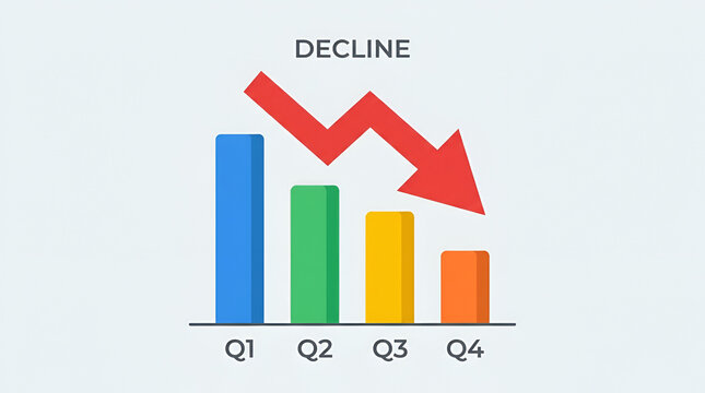 Business decline graph showing decreasing sales trend. Financial downturn analysis with downward arrow visualization.