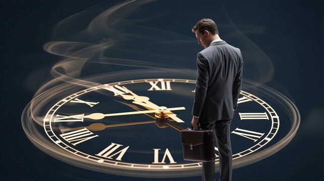 Professional businessman in gray suit holding leather briefcase standing before large golden clock face with swirling smoke digital art design