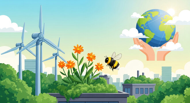 Illustration of a bee flying near wind turbines and flowers above a cityscape, symbolizing environmentalism and sustainable energy.