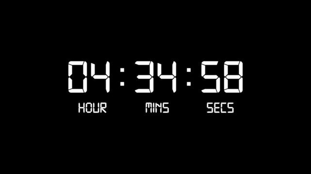 5 hour countdown timer animation. Digital timer countdown animation with alpha channel