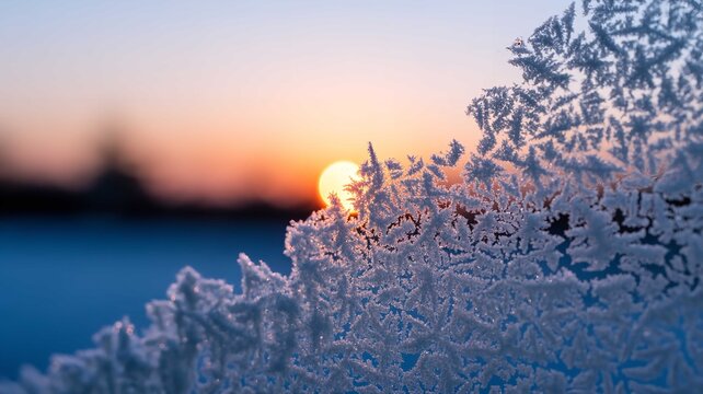 Intricate frost patterns crystallize on a window surface against the warm glow of a beautiful sunrise in the cold winter