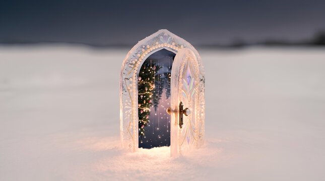 雪原の中にたたずむ氷のドアとクリスマスツリーのファンタジー背景素材。透き通る結晶でできたアーチ状の扉が開き、暖かな光に包まれたクリスマスツリーへと続く幻想的な世界の16:9横型イラスト。