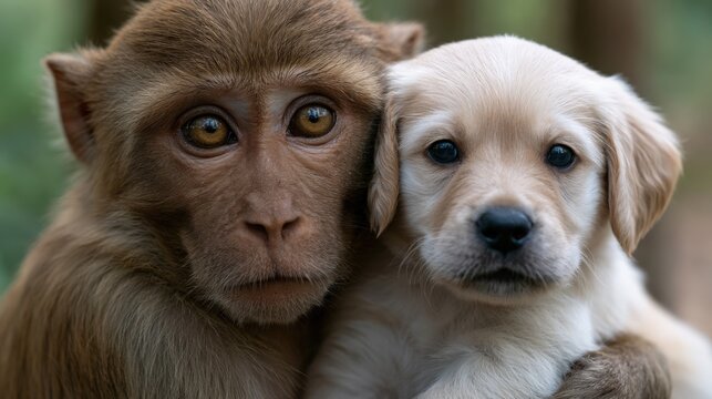Monkey and a puppy gaze softly at the camera