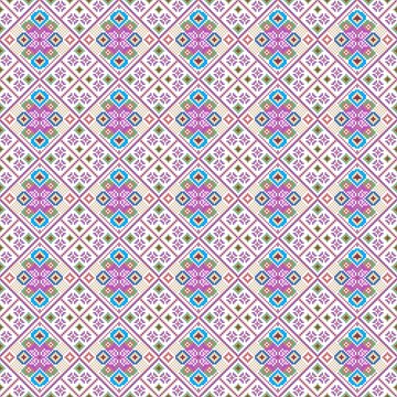 Traditional Hmong geometric textile pattern inspired by Lao ethnic weaving art. The design features symmetrical shapes, diamond motifs, lines, and abstract geometric elements with vibrant colors. This