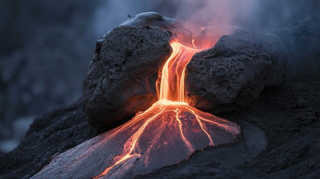 Molten lava flows steadily over dark volcanic rocks creating a glowing stream of liquid fire during a dramatic geological event