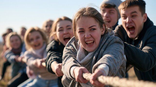 Young people pull rope with fierce determination
