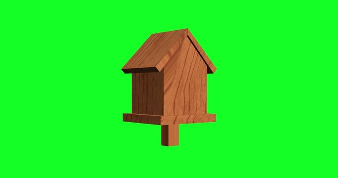 Smoothly rotating 3D wooden birdhouse animation featuring a classic nesting box design on a green screen background for easy integration into natural outdoor environments.