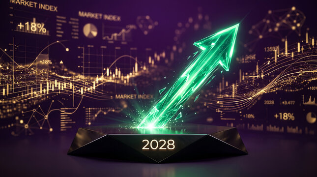 A glowing green arrow points upward from a dark podium displaying the year 2028 against a backdrop of financial charts, symbolizing business growth and success