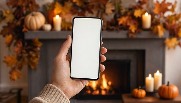 Hand holding modern smartphone with blank white screen mockup against cozy autumn fireplace decorated with fall leaves and pumpkins