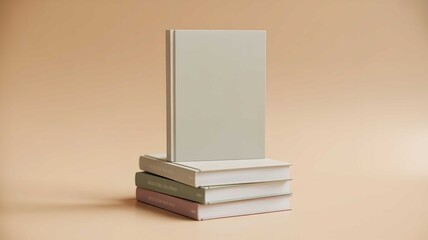 Fototapeta premium Minimalist blank hardbound book cover mockup resting elegantly atop a small stacked pile of pastel colored books on beige background