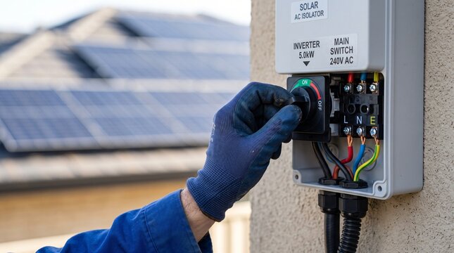 Electrician hand turning solar AC isolator switch on residential solar panel system installation