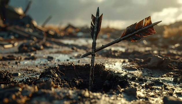Symbolic image of a broken arrow stuck in muddy ground, representing failure, defeat, and destruction in a desolate landscape