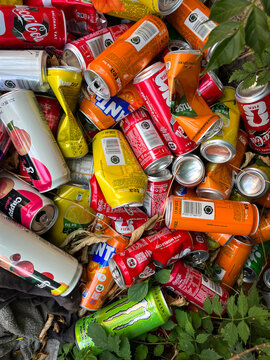 ALANYA, TURKEY - JULY 05, 2026: A close-up view of crushed and empty aluminum beverage cans left as trash in nature, highlighting global environmental pollution and recycling issues