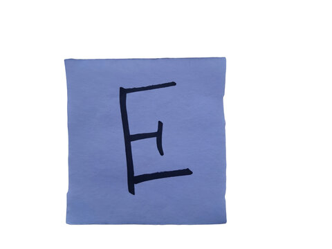 Handwritten black letter e on a light blue paper square against a solid , simple uppercase e