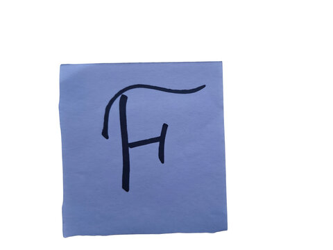 Handwritten black letter f on a light blue paper square against a solid , simple uppercase f