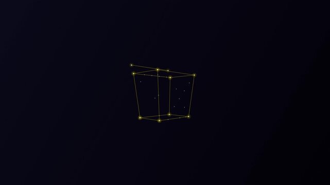 Rotating 3D wireframe cube with glowing nodes on dark background