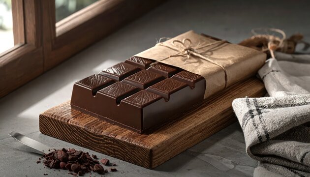 Artisan Dark Chocolate Bar Wrapped in Brown Paper on Wood.