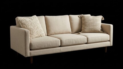 Fototapeta premium Comfortable Beige Linen Three Seater Sofa with Decorative Textured Pillows Isolated on Black Background
